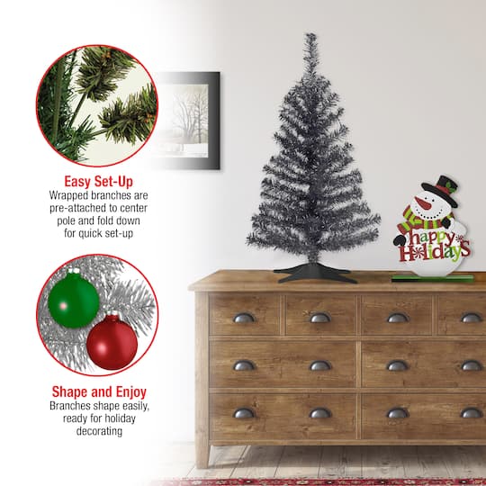 3ft. Unlit Black Tinsel Artificial Christmas Tree